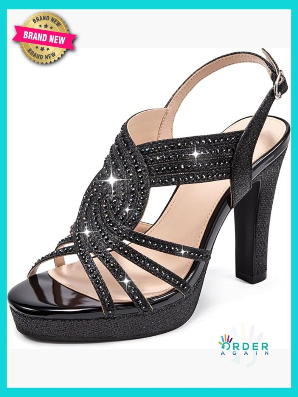 Sparkly Rhinestone Chunky High Heels Platform Sandals Open Toe Ankle Strap